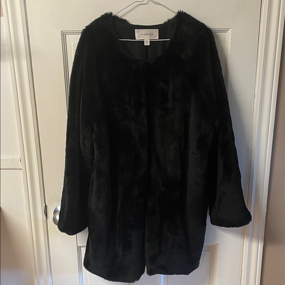 Popsugar faux fur black dressy 3/4 length collarless jacket women’s size XL